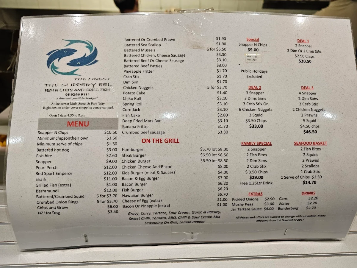 Menu, The Slippery Eel