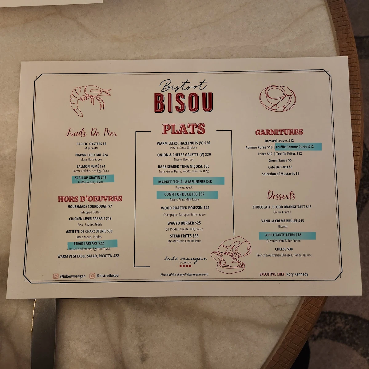 Menu, Bistrot Bisou