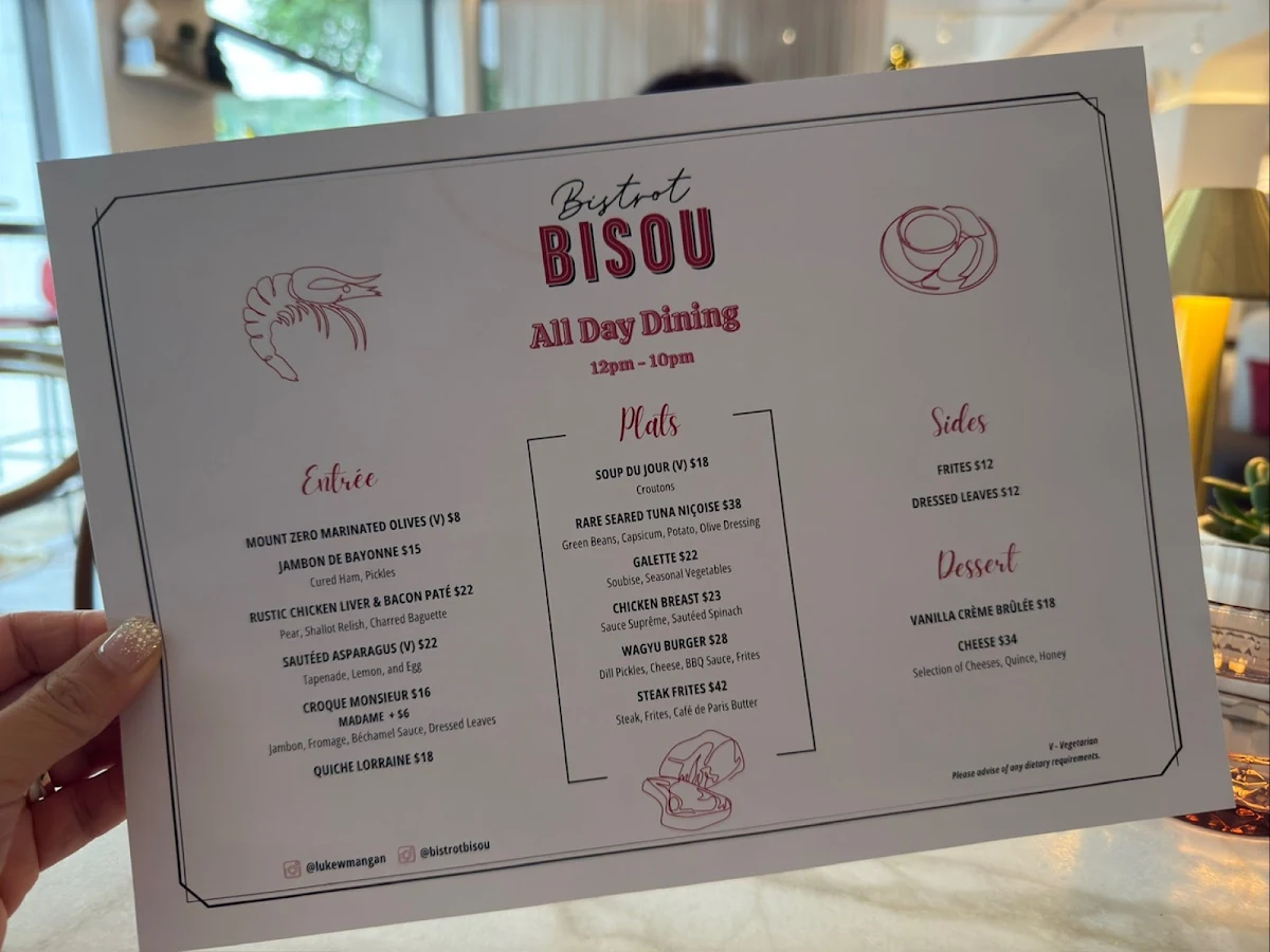 Menu, Bistrot Bisou