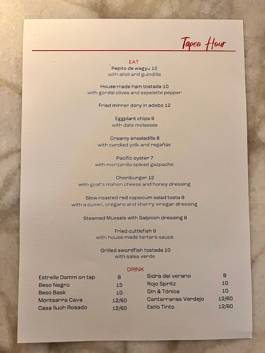 Menu, Bistrot Bisou