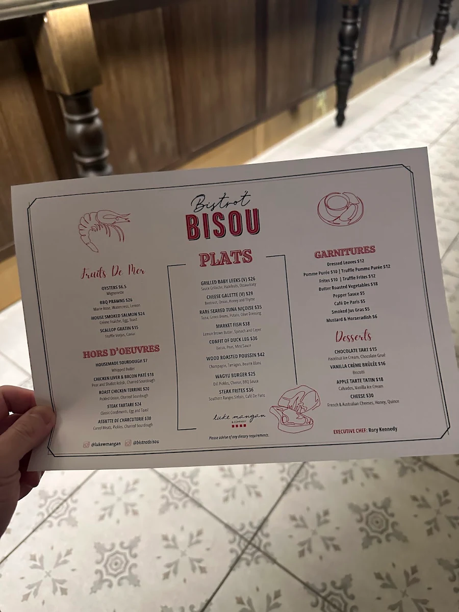Menu, Bistrot Bisou