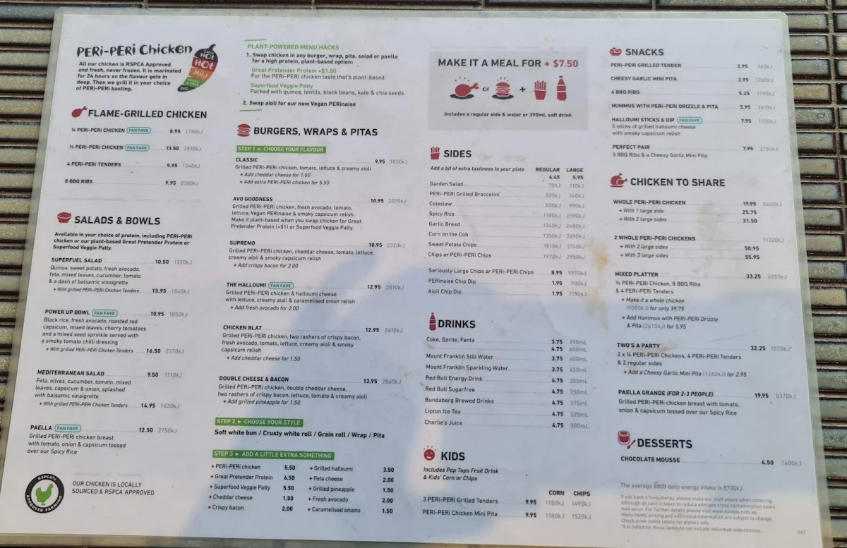 Menu, Nando's Australia Fair