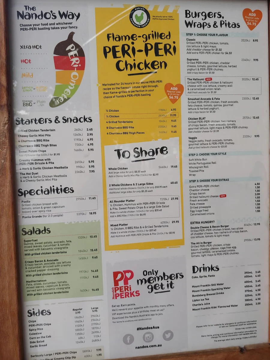 Menu, Nando's Australia Fair