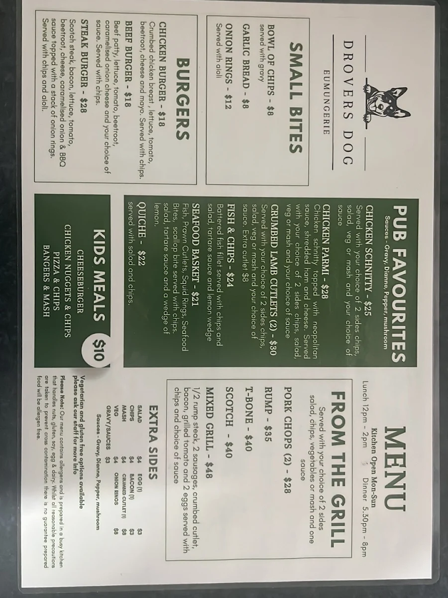 Menu, The Drover's Dog Tavern