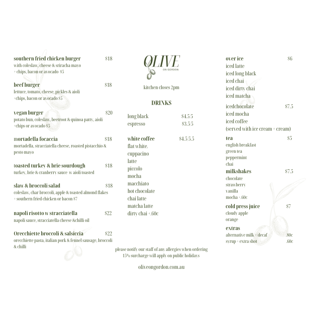 Menu, Olive on Gordon
