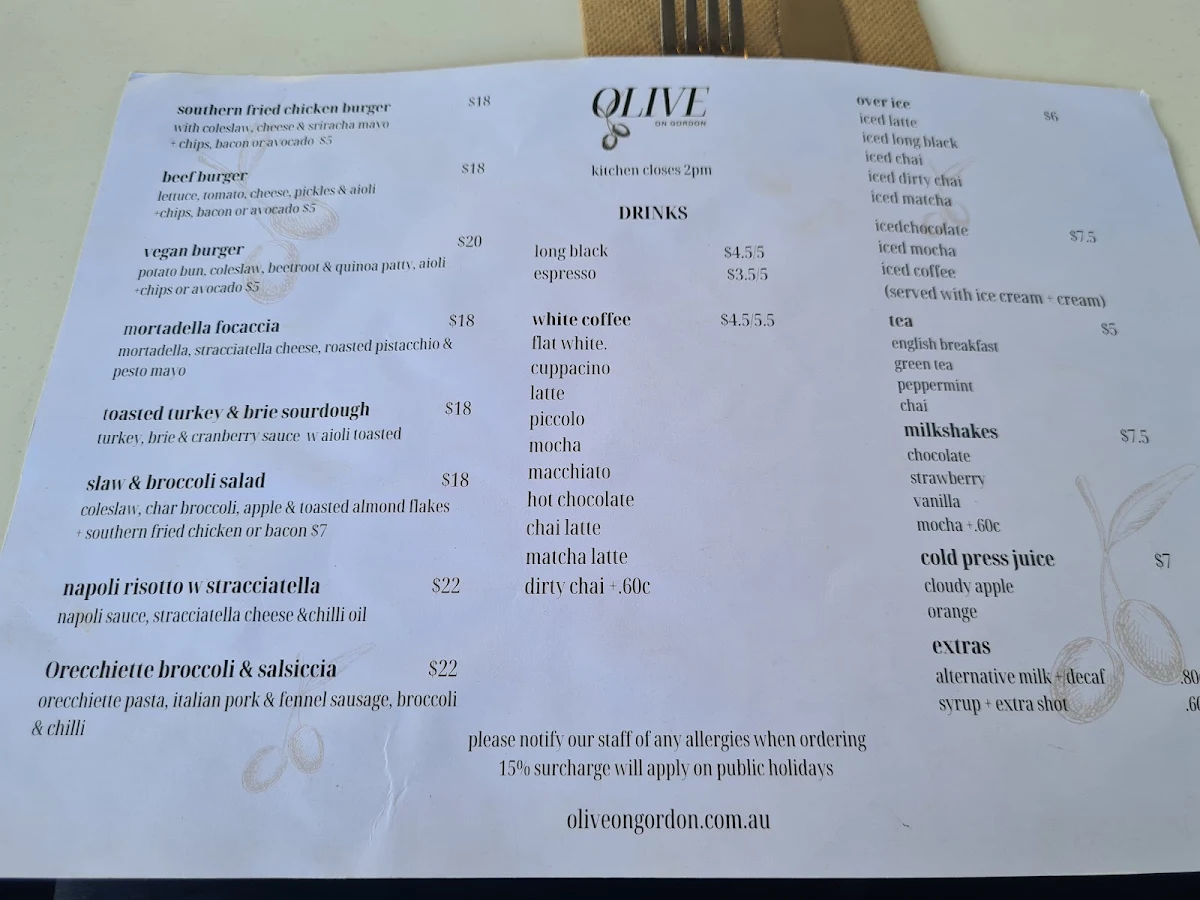 Menu, Olive on Gordon