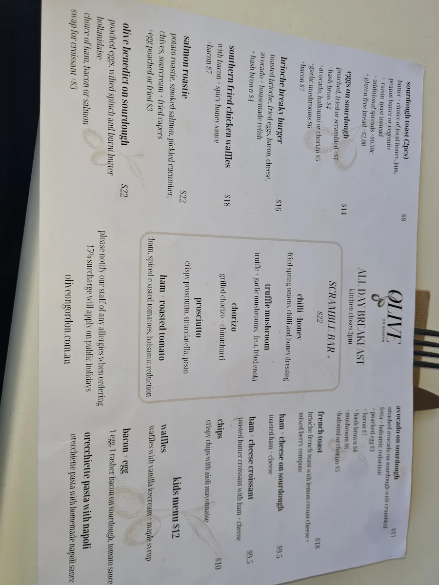 Menu, Olive on Gordon