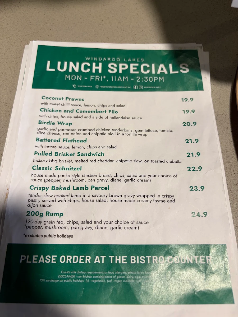 Menu, Windaroo Lakes Golf Club