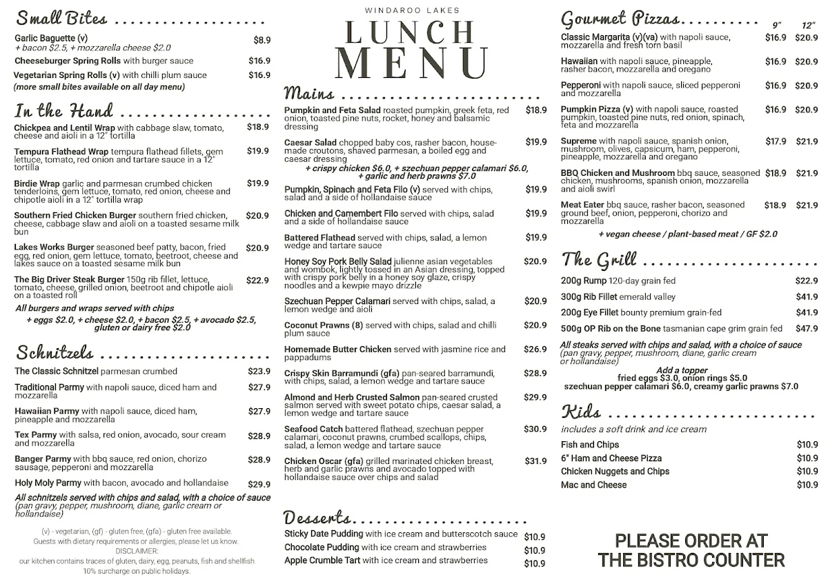 Menu, Windaroo Lakes Golf Club