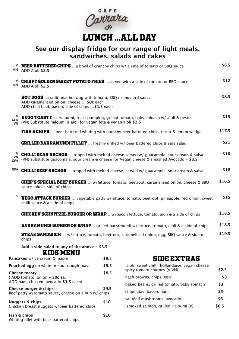 Menu, Cafe Carrara