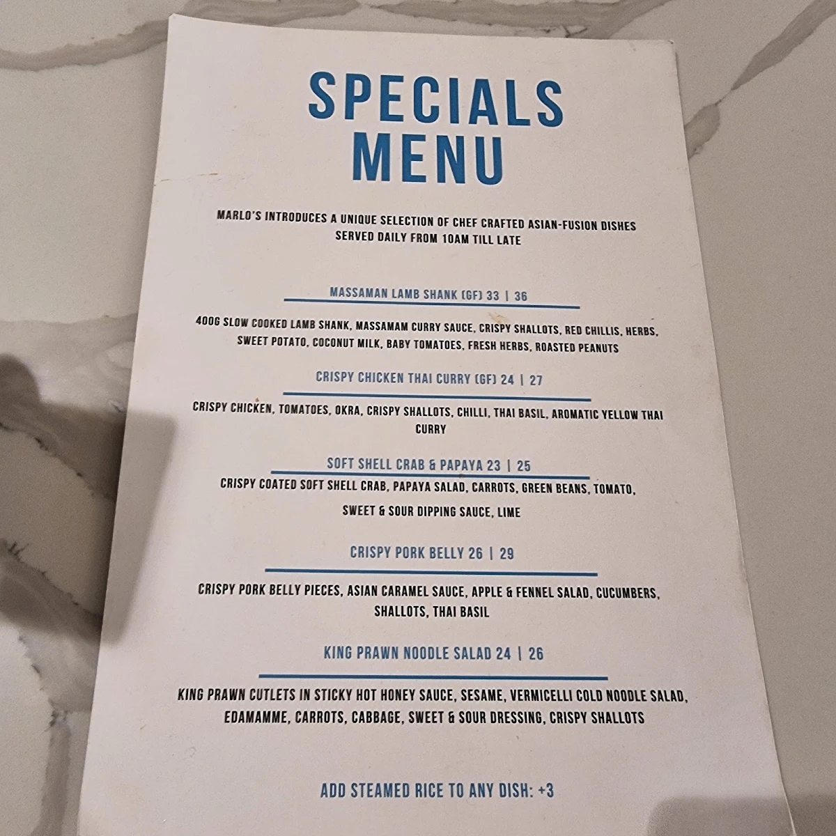 Menu, Marlo's All Day