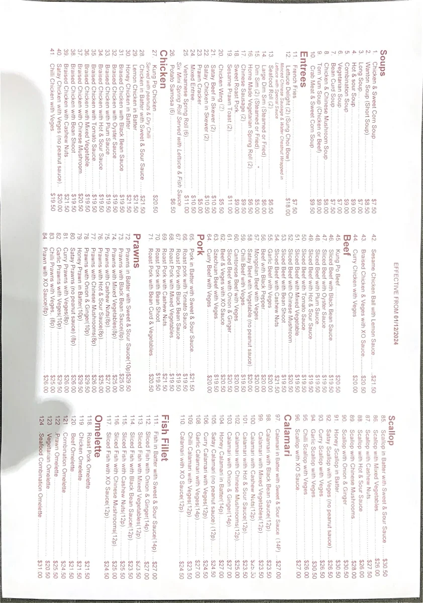Menu, Cica