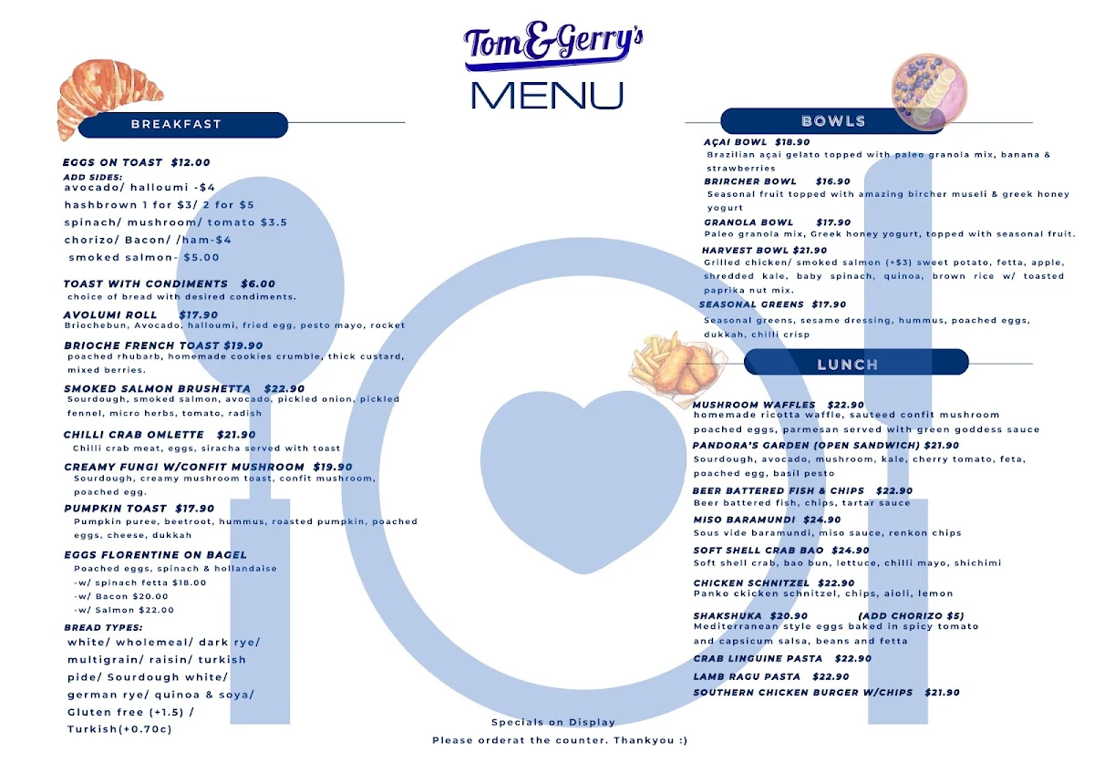 Menu, Tom & Gerry's Cafe