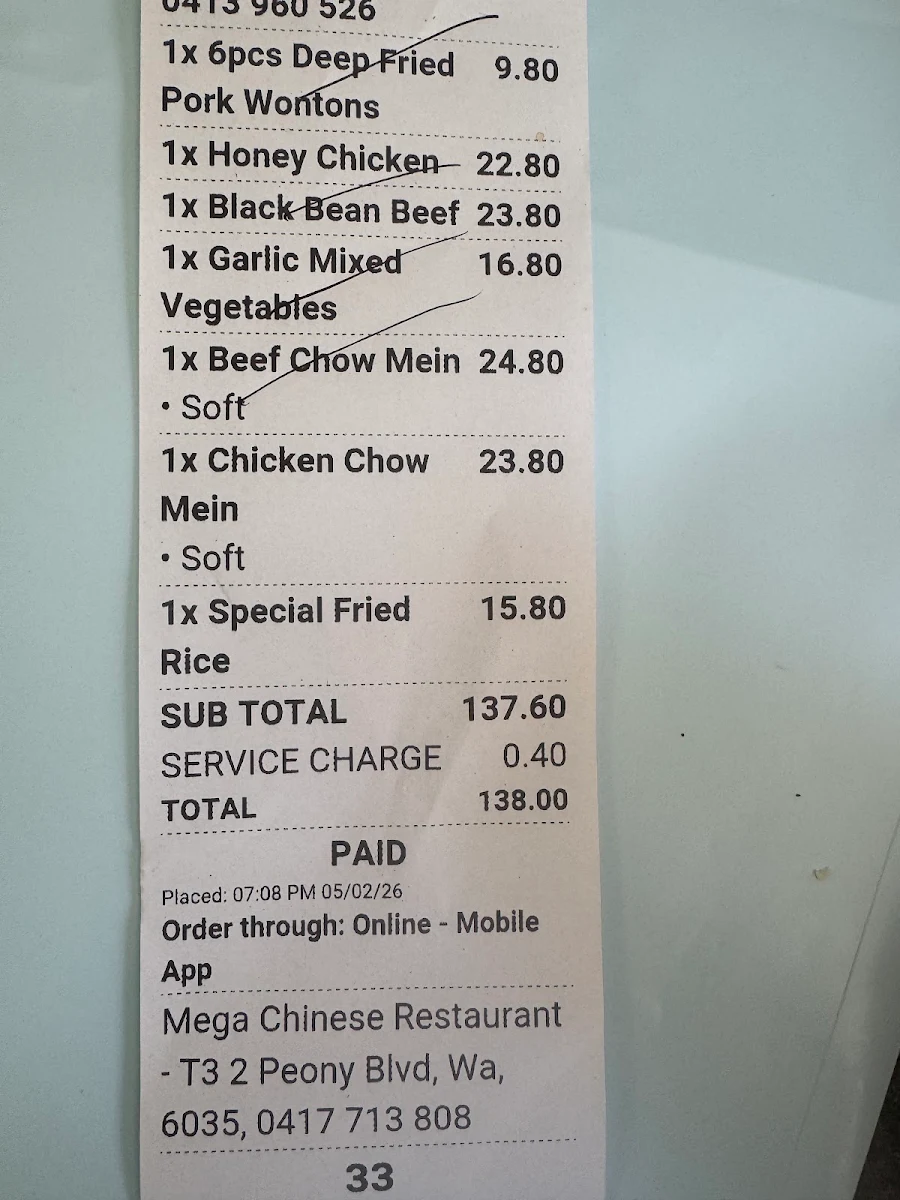Menu, Mega Chinese Restaurant
