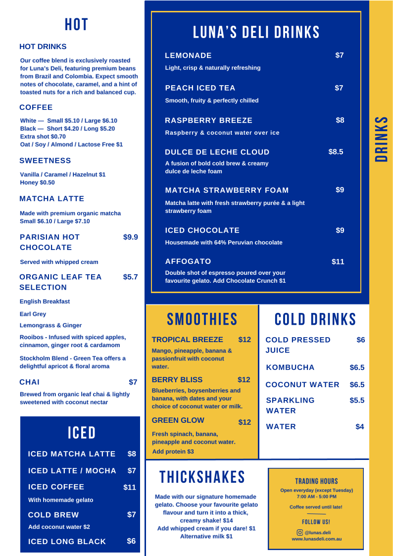 Menu, Luna's Deli