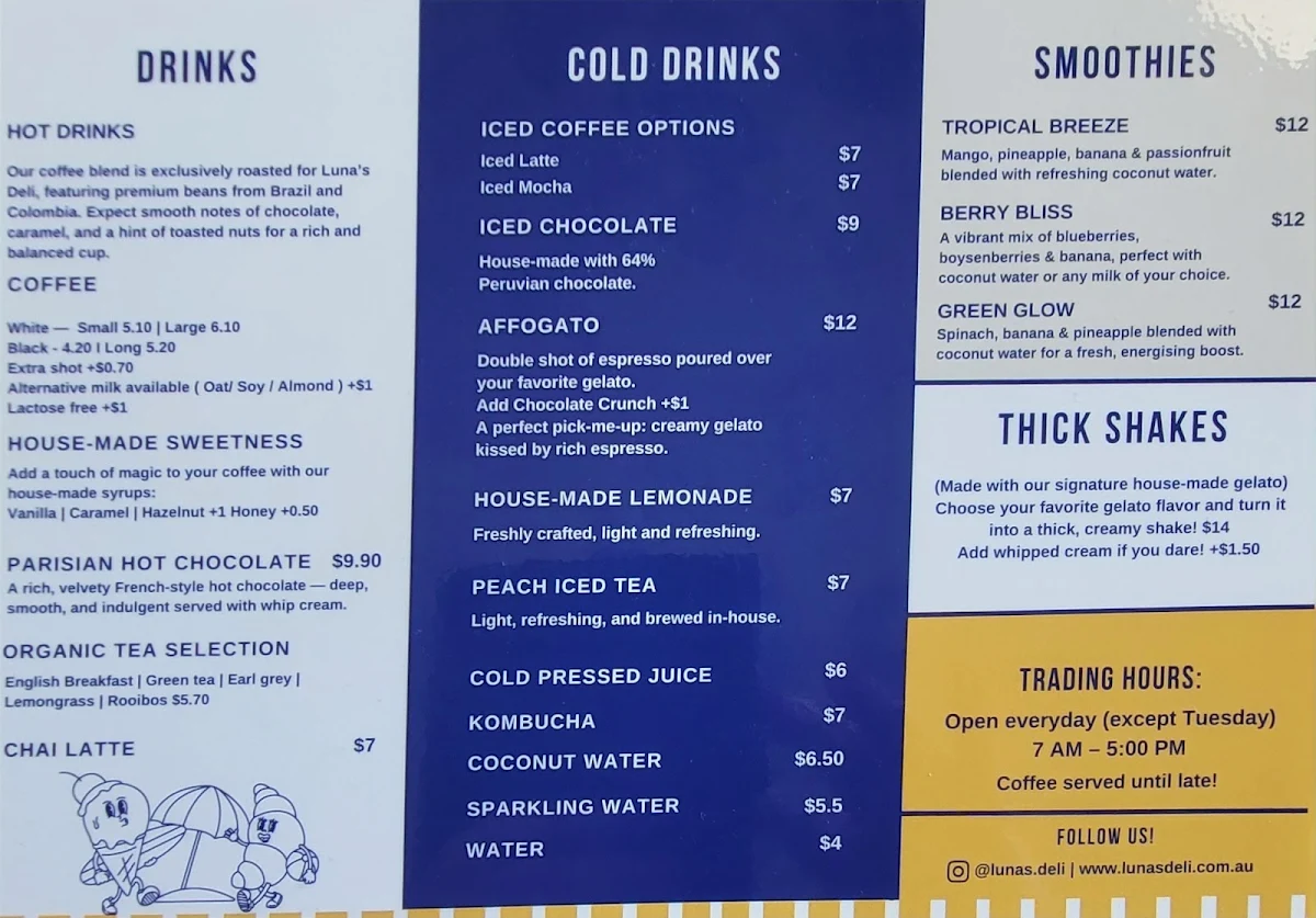 Menu, Luna's Deli