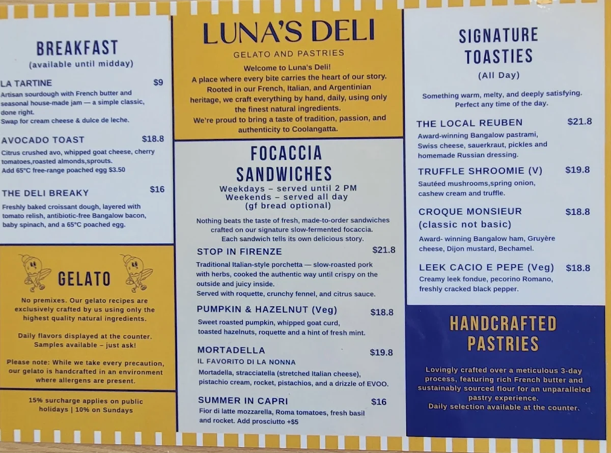 Menu, Luna's Deli