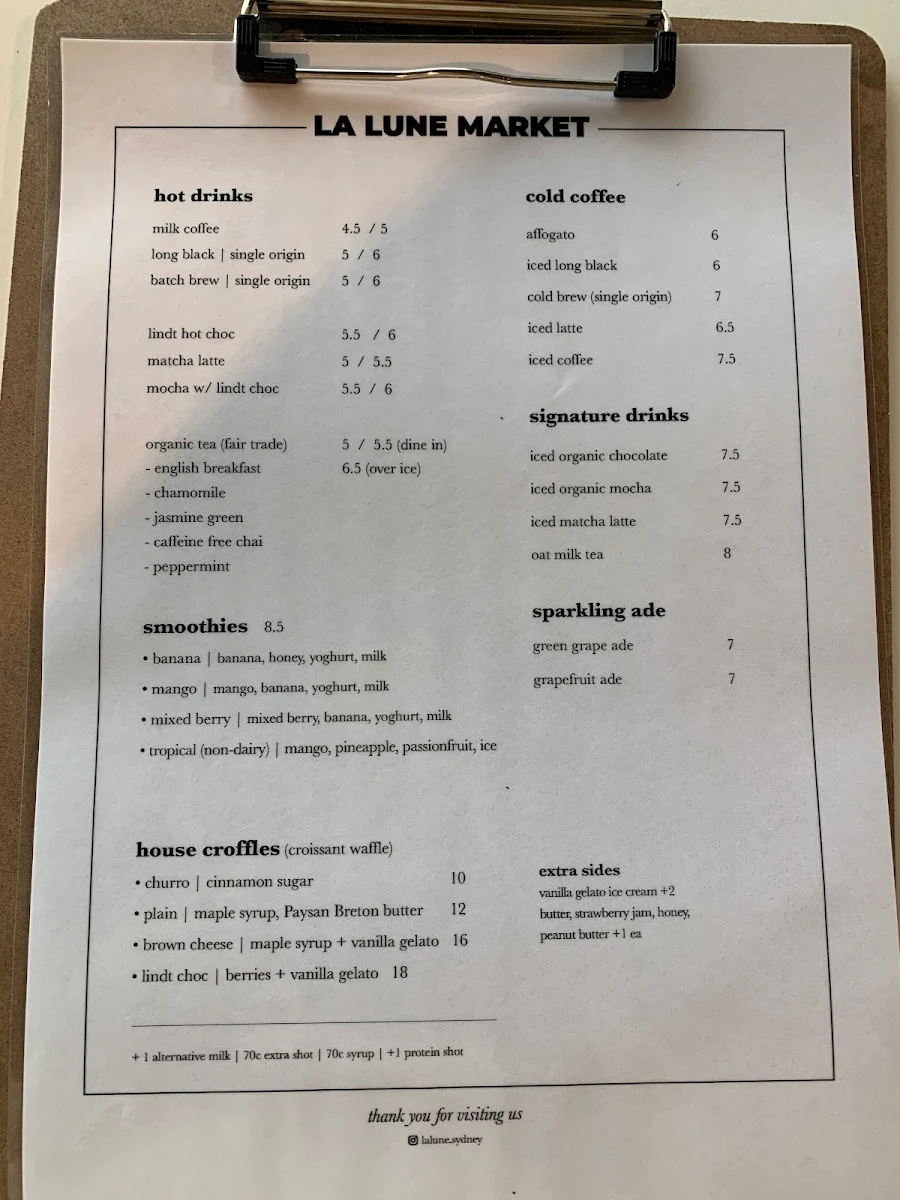 Menu, La Lune Market