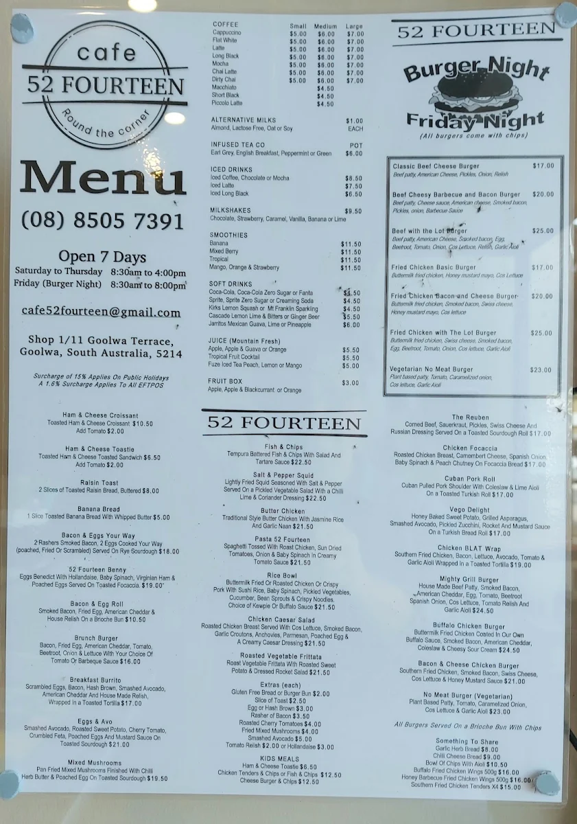 Menu, Cafe 52 Fourteen