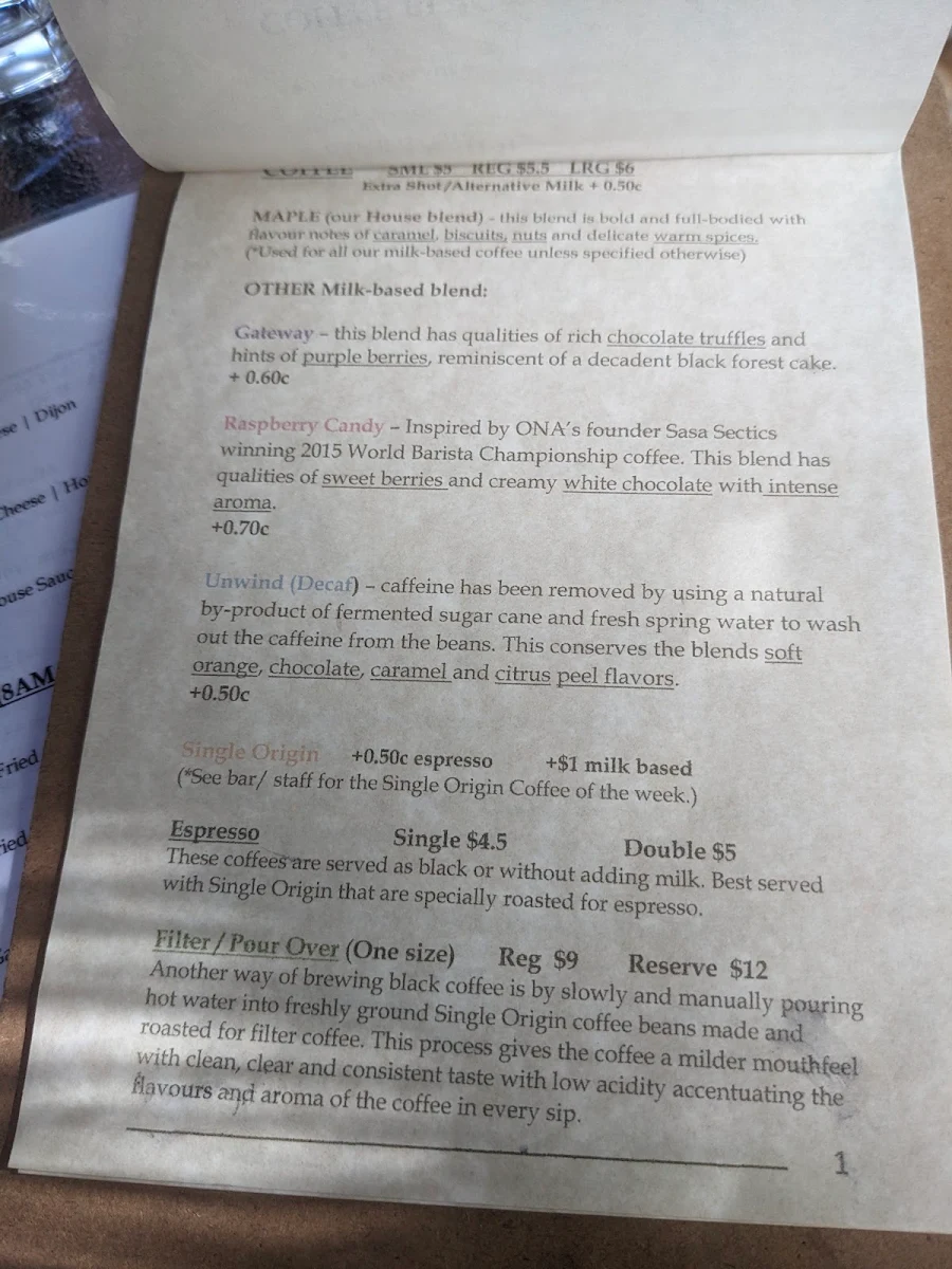 Menu, Northside Garden Cafe