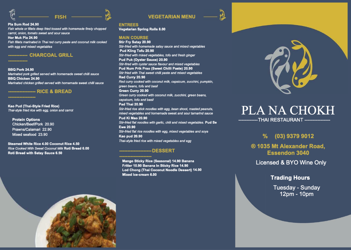 Menu, Pla Na Chokh Thai Restaurant