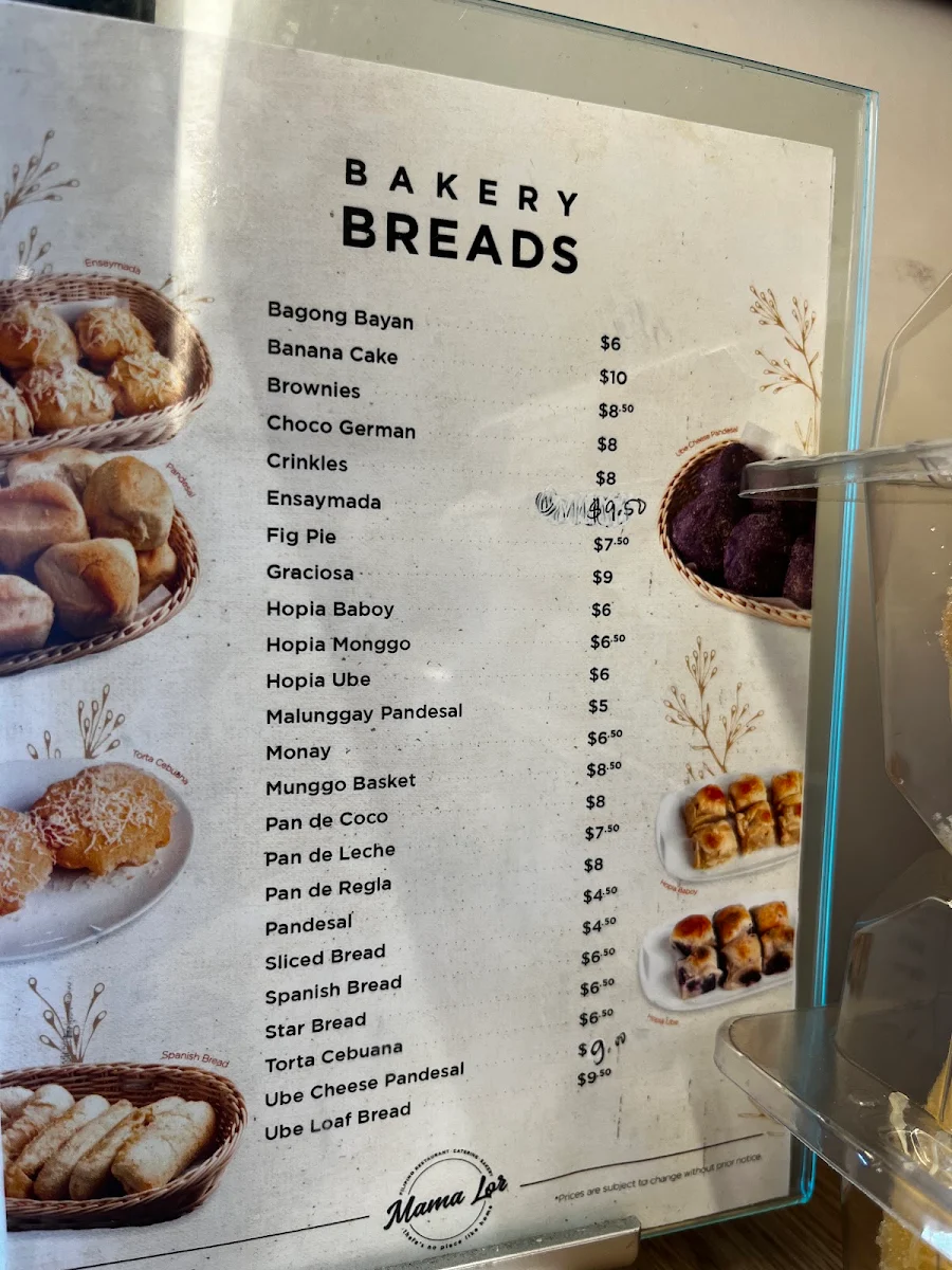Menu, Mama Lor Restaurant & Bakery