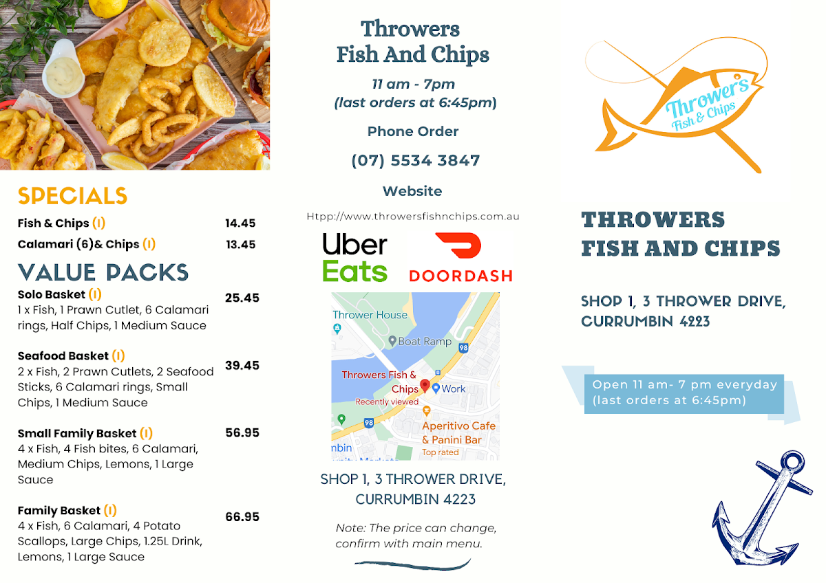 Menu, Throwers Fish and Chips Currumbin
