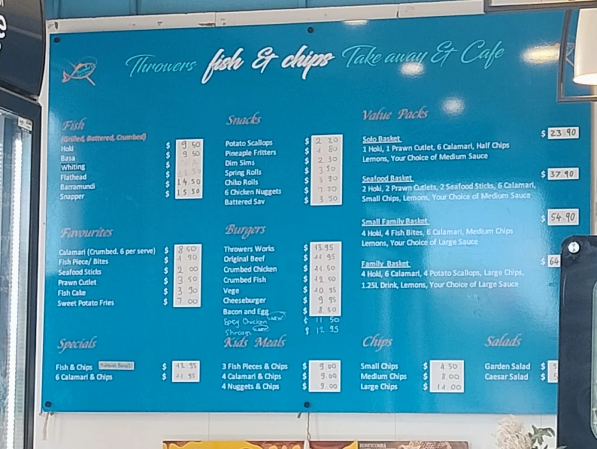 Menu, Throwers Fish and Chips Currumbin