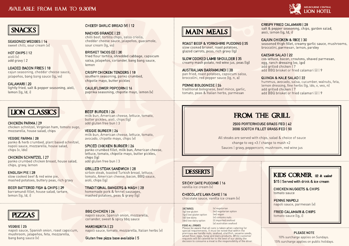 Menu, Melbourne Central Lion Hotel