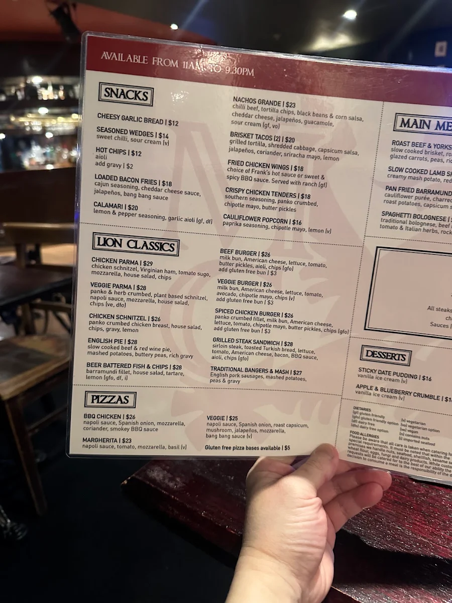 Menu, Melbourne Central Lion Hotel