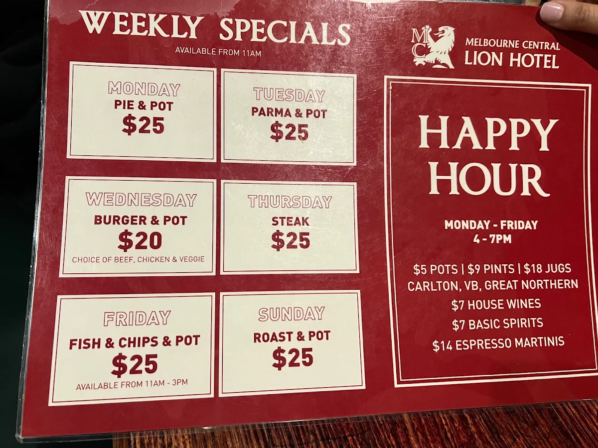 Menu, Melbourne Central Lion Hotel