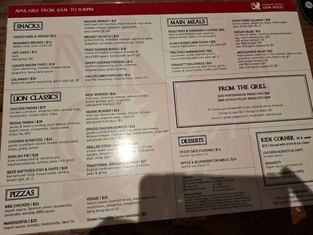 Menu, Melbourne Central Lion Hotel