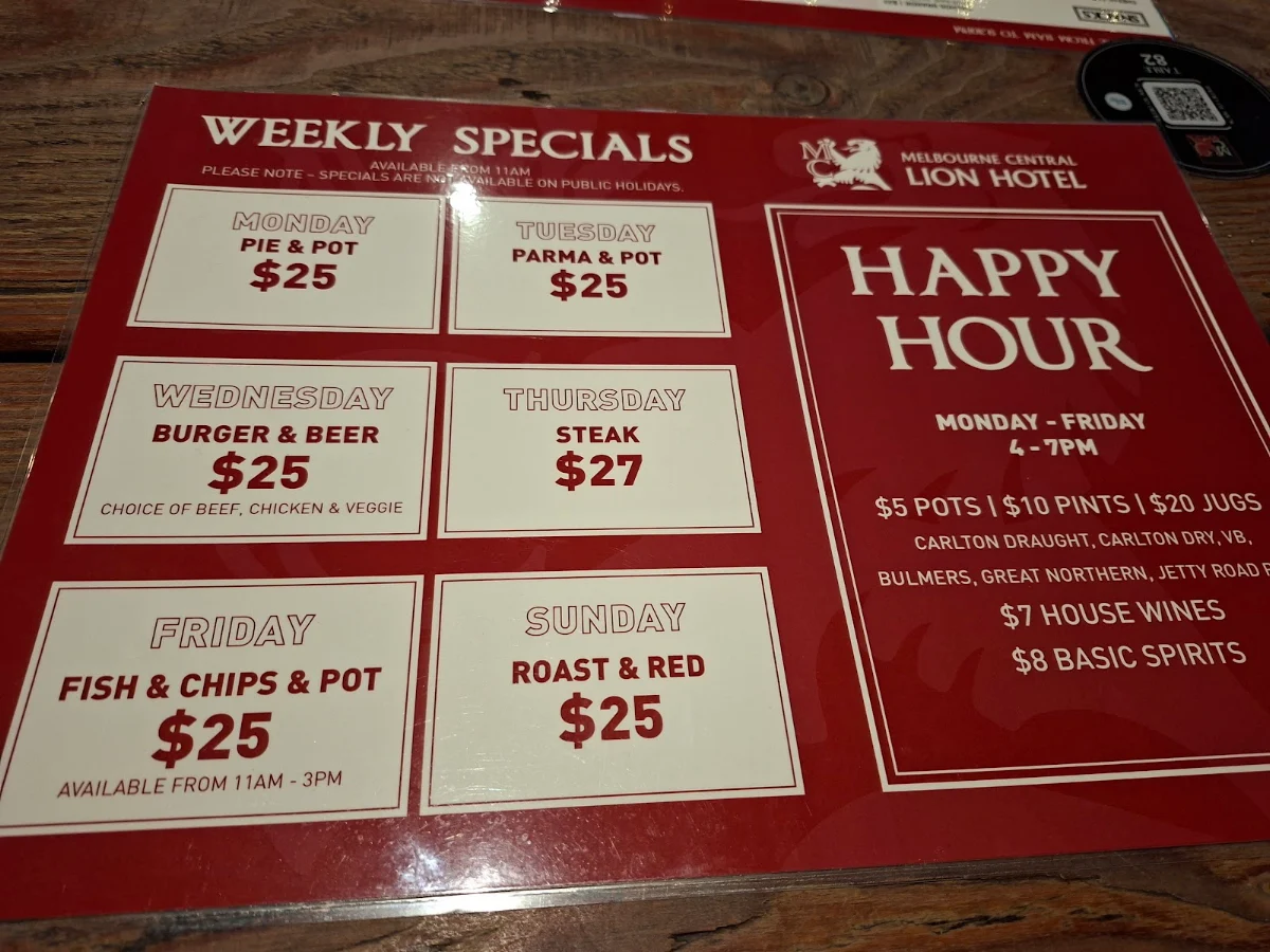Menu, Melbourne Central Lion Hotel