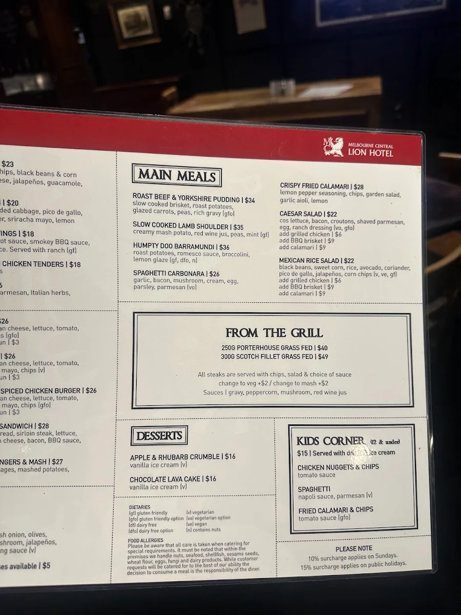 Menu, Melbourne Central Lion Hotel