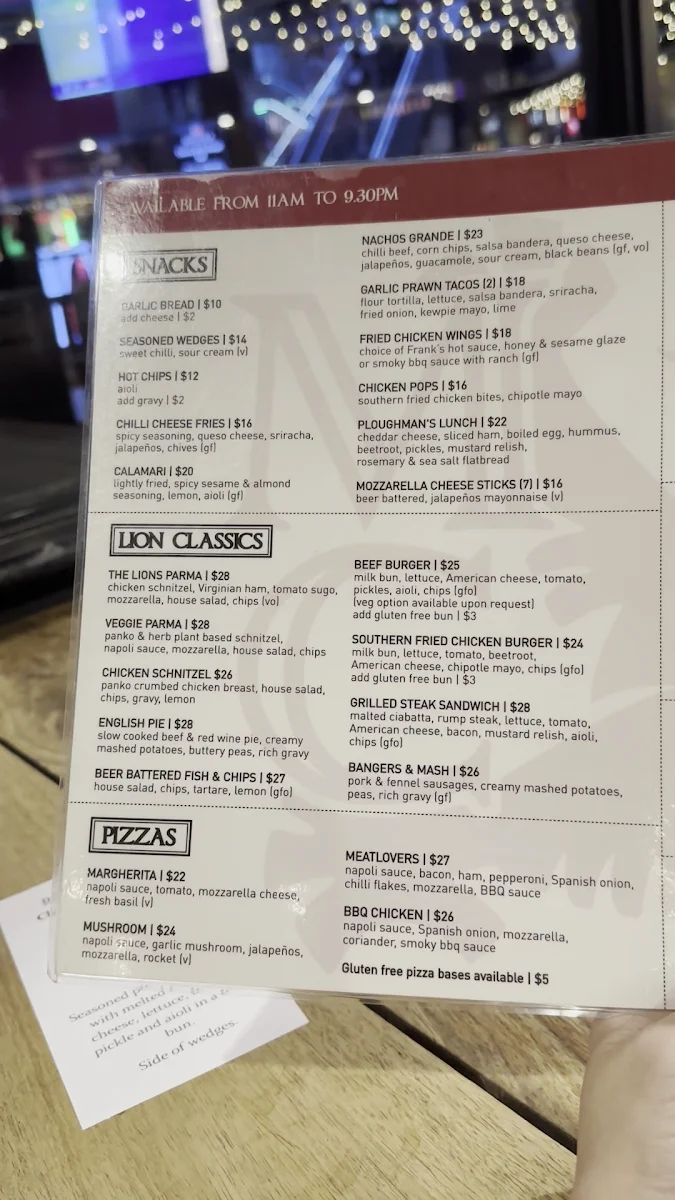 Menu, Melbourne Central Lion Hotel