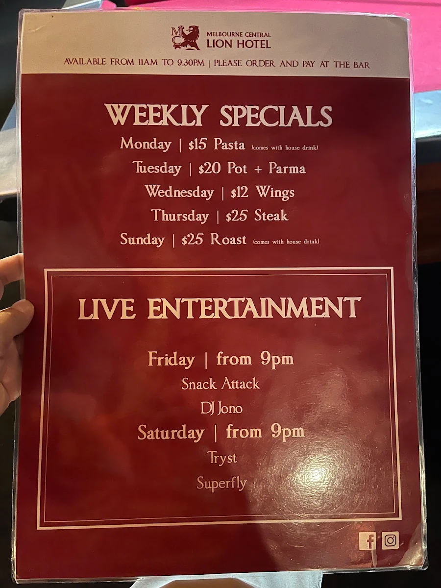 Menu, Melbourne Central Lion Hotel