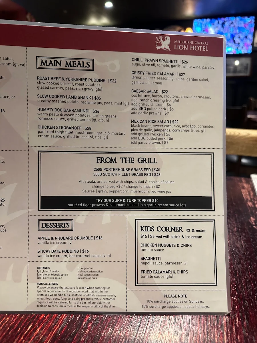 Menu, Melbourne Central Lion Hotel