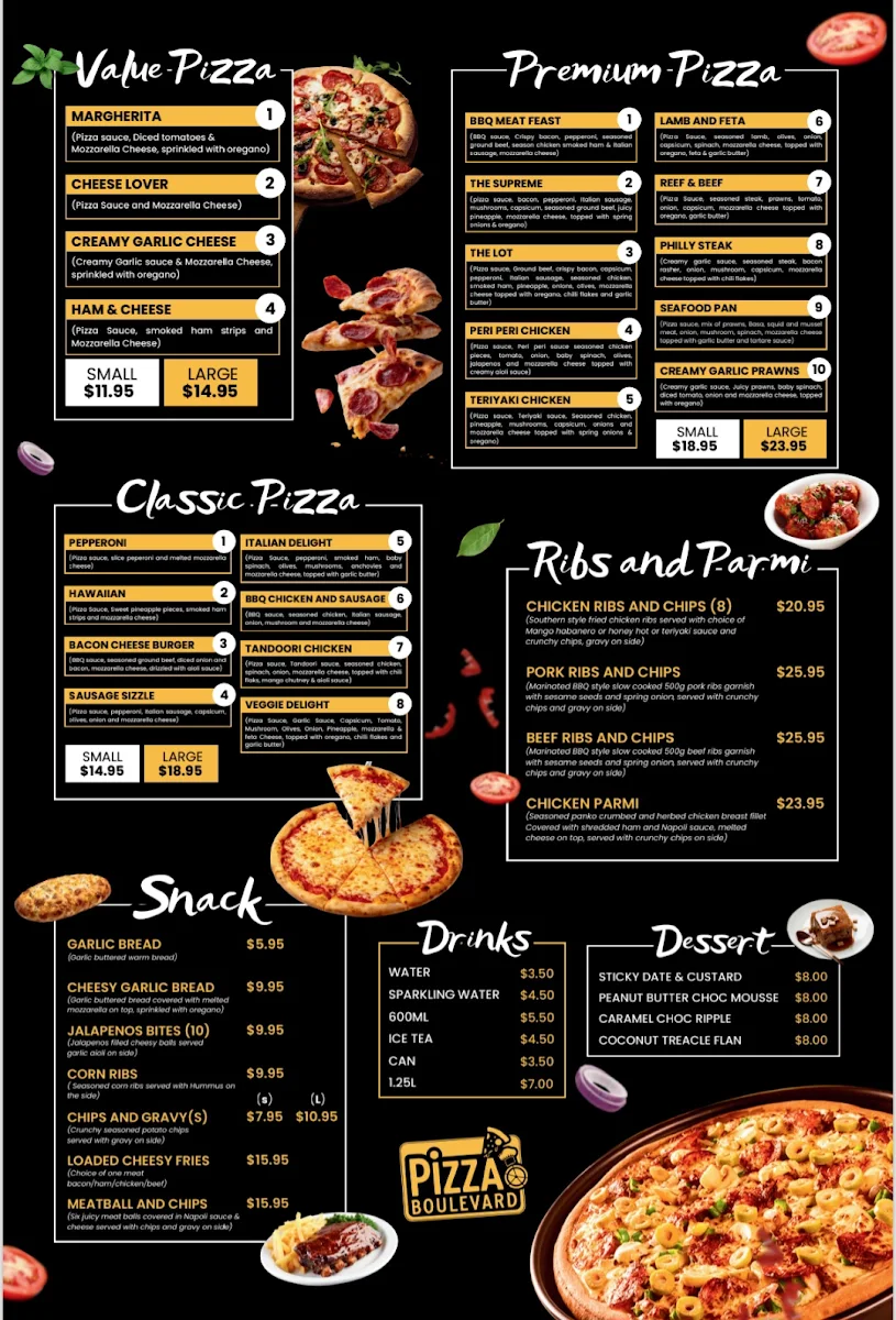 Menu, Pizza Boulevard