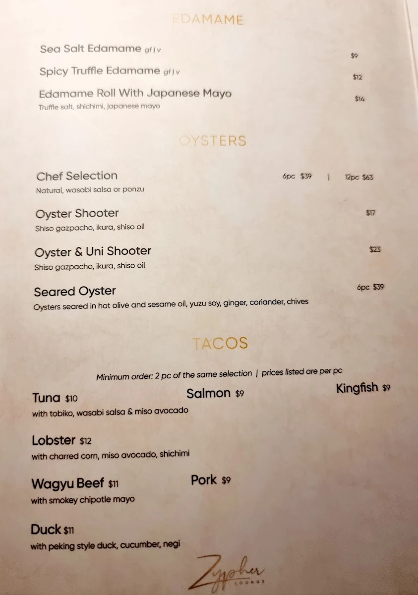 Menu, Zypher Lounge