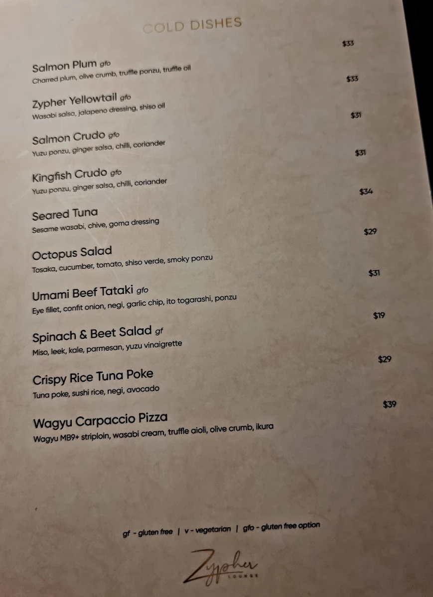 Menu, Zypher Lounge