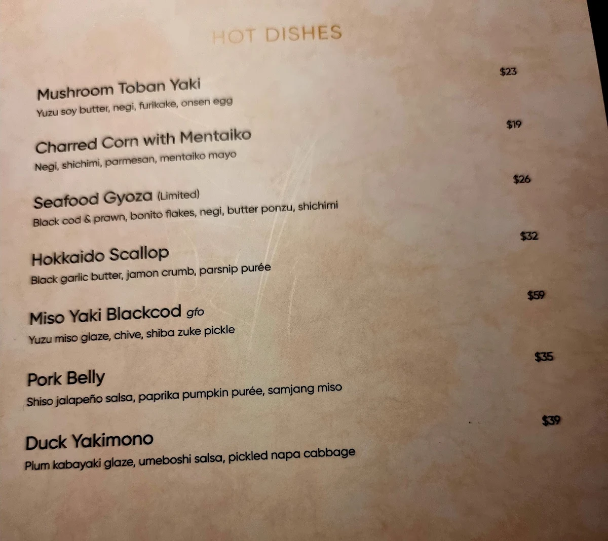 Menu, Zypher Lounge