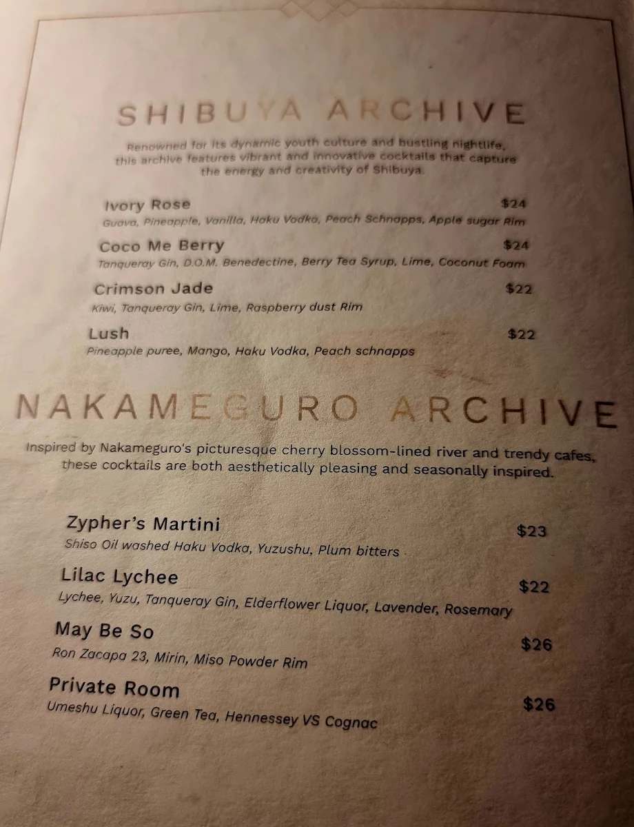 Menu, Zypher Lounge