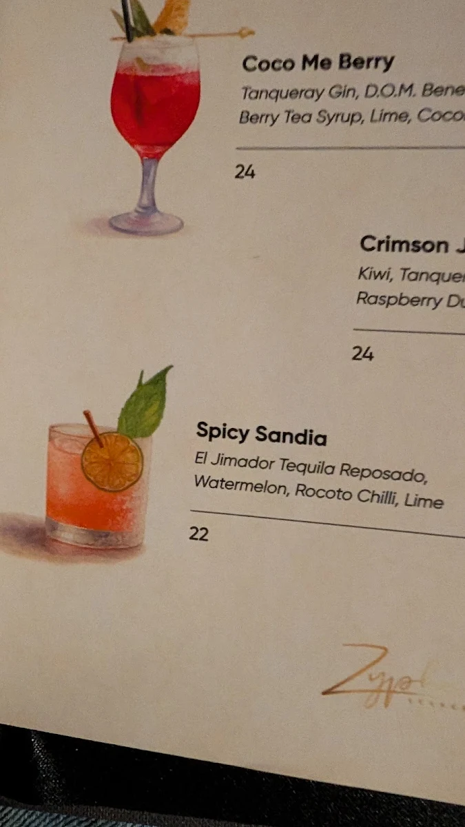 Menu, Zypher Lounge