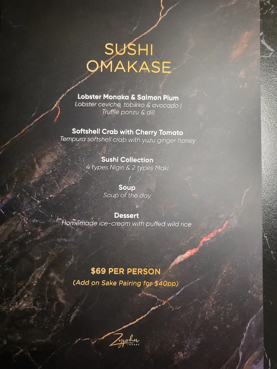 Menu, Zypher Lounge