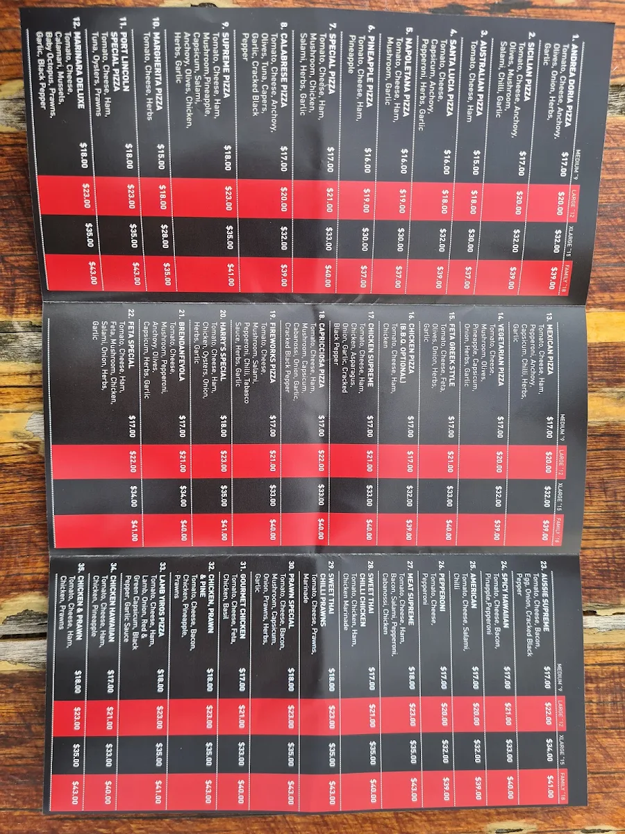Menu, Shanno's Pizza Bar