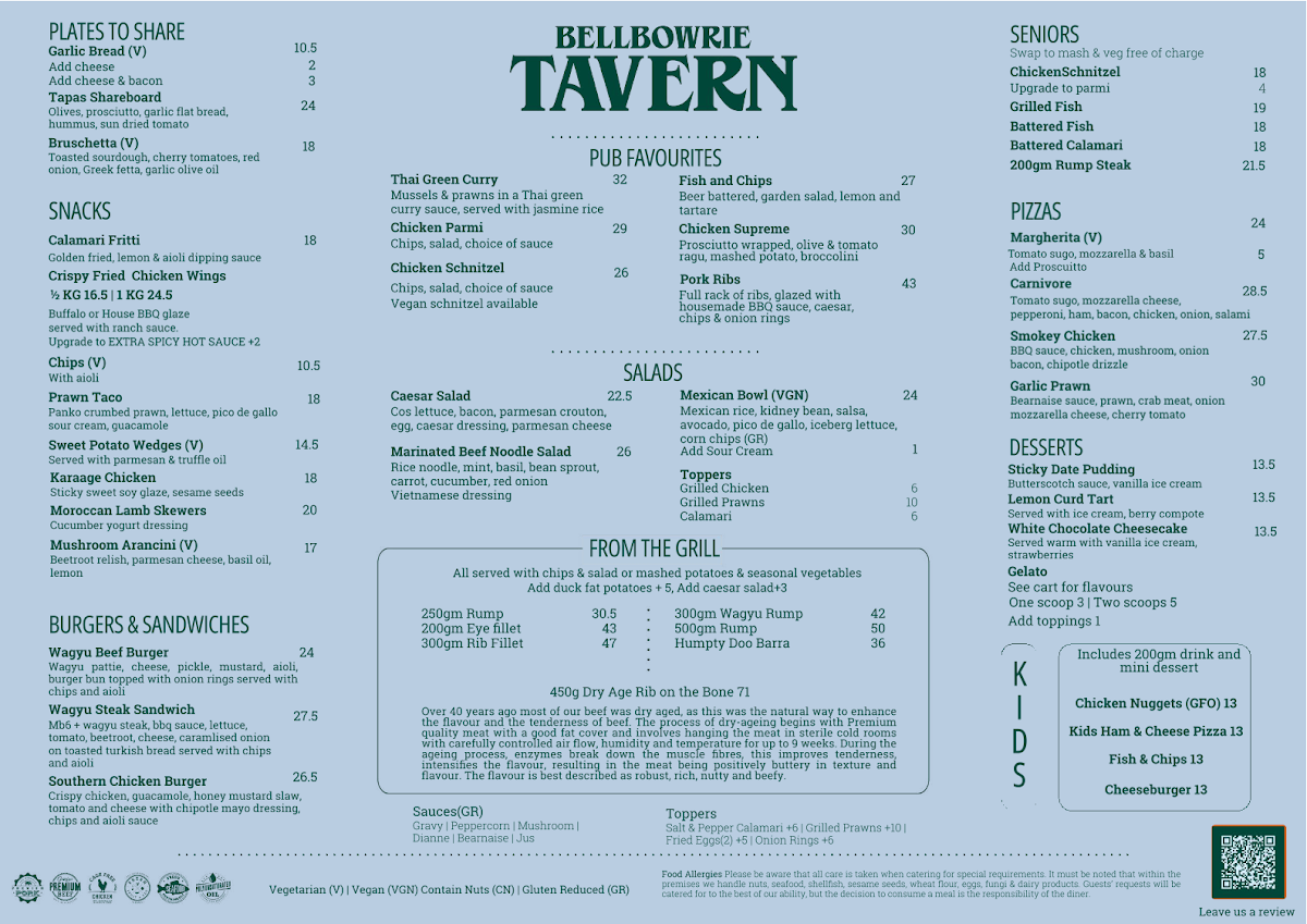 Menu, Bellbowrie Tavern