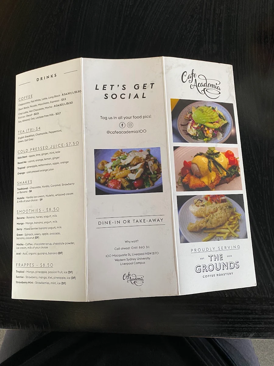 Menu, Cafe Academia