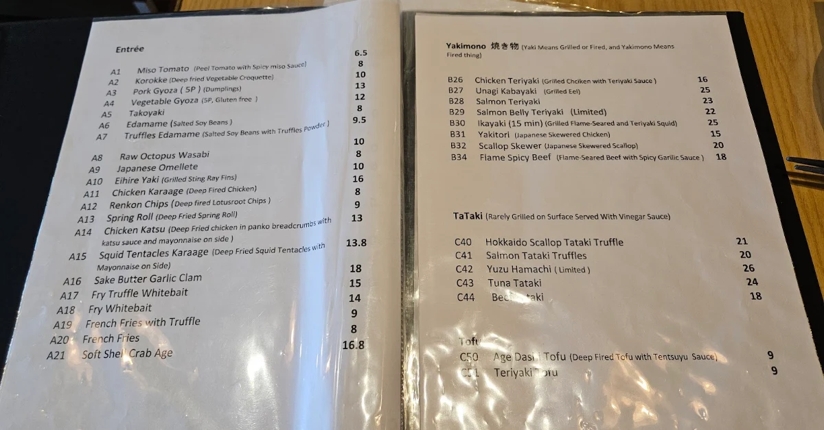 Menu, Sakanaya Takumi Japanese Restaurant