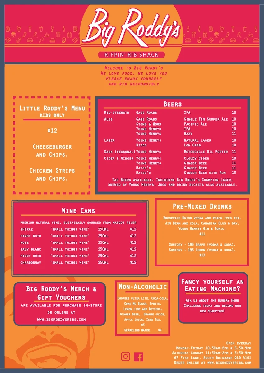 Menu, Big Roddy's Rippin' Rib Shack - South Brisbane