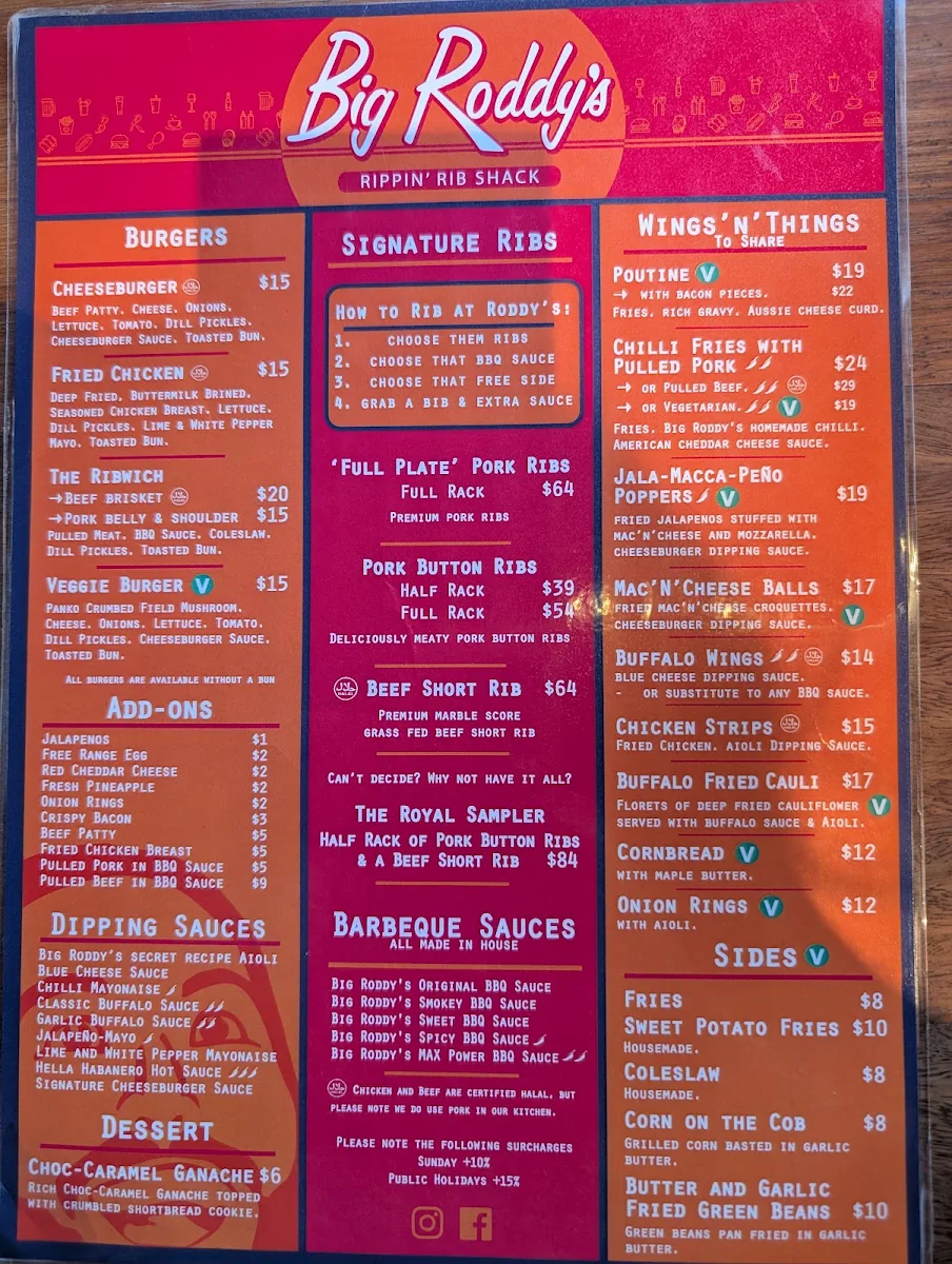 Menu, Big Roddy's Rippin' Rib Shack - South Brisbane